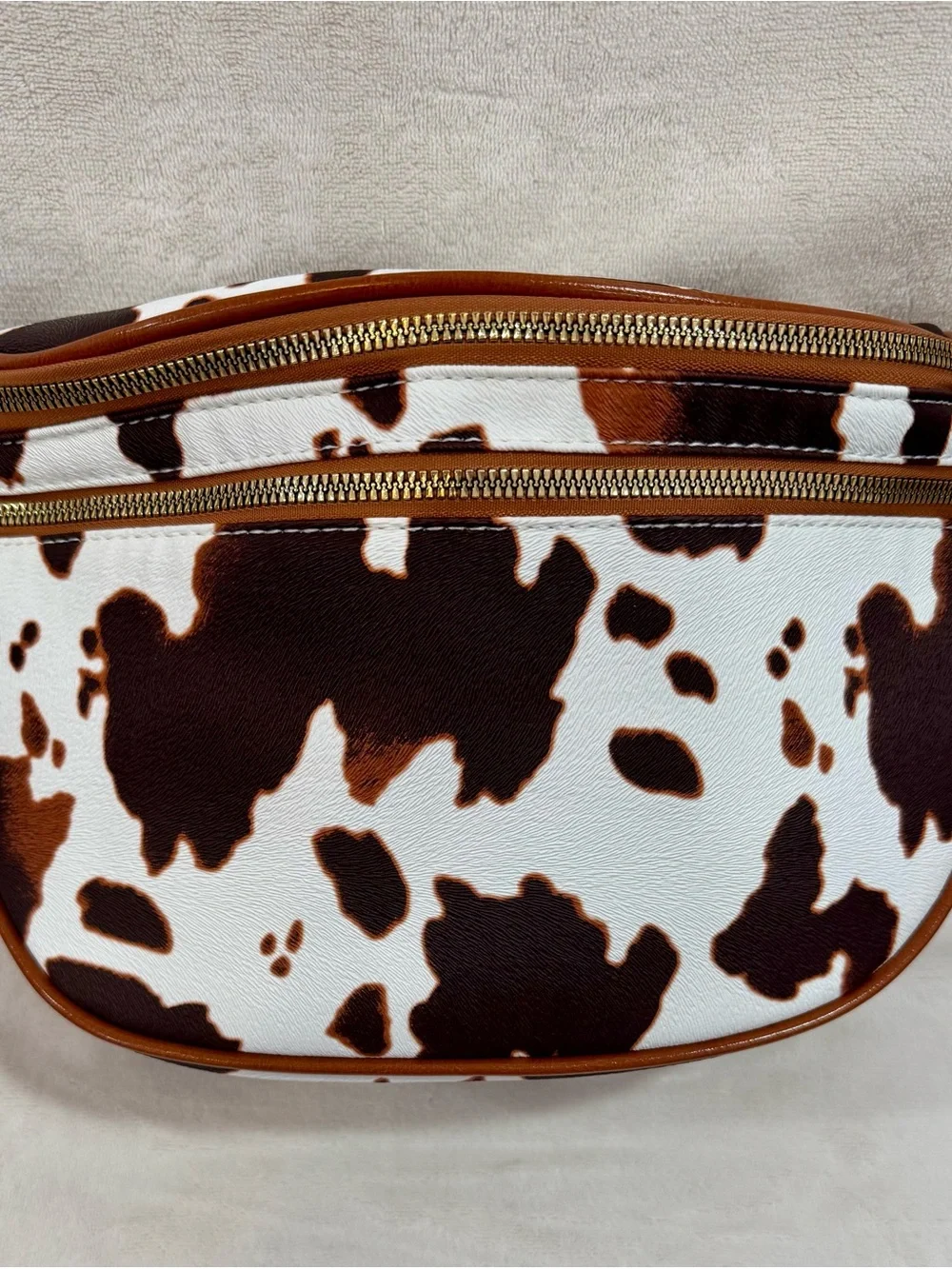 New Cowhide-Print Brown and White Crossbody Bag with Gold Hardware